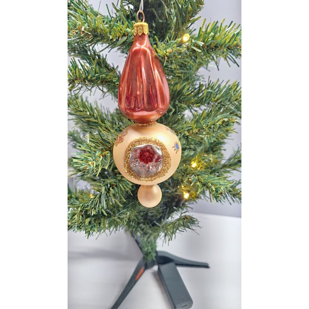 7" Vintage Polish Glass Indent Ornament Bronze Champagne Hand Painted Glitter